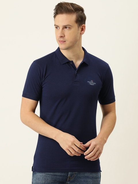 

Peter England Casuals Men Navy Blue & Grey Printed Polo Collar Slim Fit T-shirt
