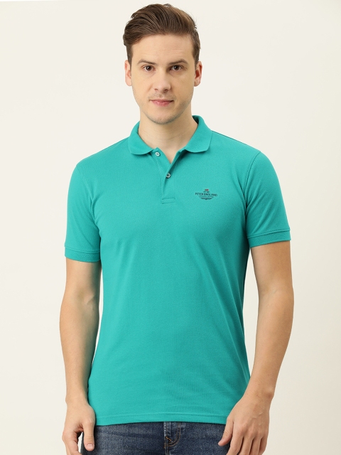 

Peter England Casuals Men Teal Blue & Black Printed Polo Collar Slim Fit T-shirt