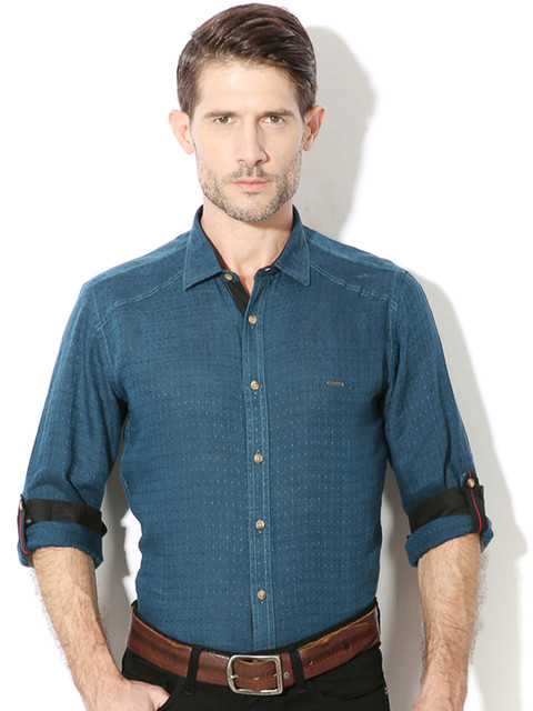 

V Dot by Van Heusen Men Blue Self-Design Linen Slim Fit Casual Shirt