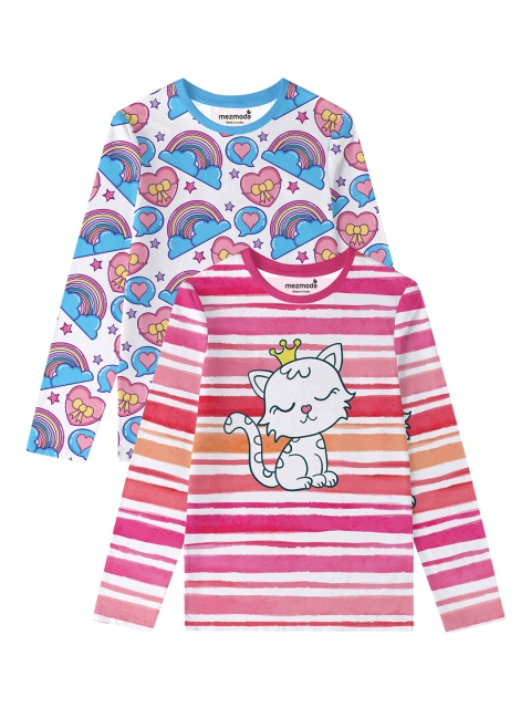 

mezmoda Girls Multicoloured Pack of 2 Striped Applique T-shirt, Multi