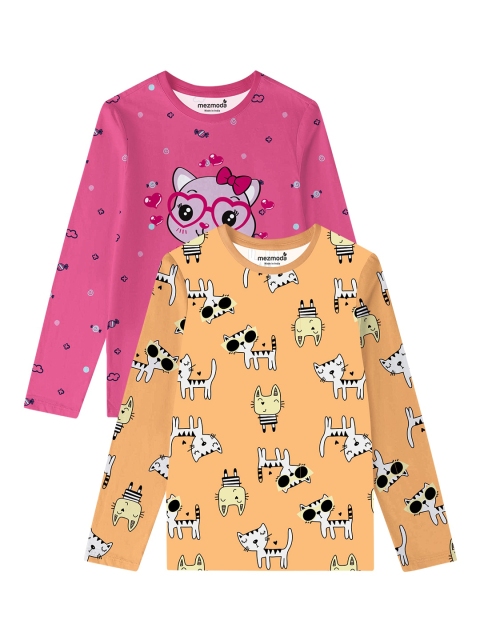 

mezmoda Girls Pink & Yellow 2 Printed T-shirt