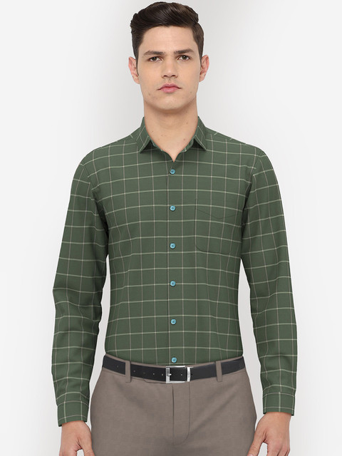 

Peter England Men Olive Green Windowpane Checks Formal Shirt