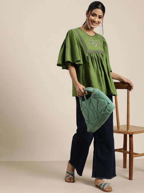

Sangria Women Olive Green Print A-Line Top