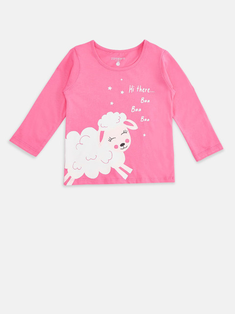 

Pantaloons Baby Girls Fuchsia & White Printed Pure Cotton T-shirt
