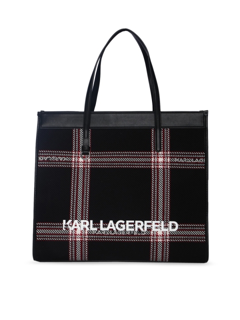 

LAGERFELD Black Checked Leather Swagger Handheld Bag with Applique