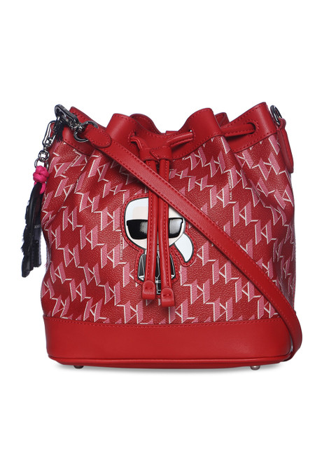 

LAGERFELD Red Printed Leather Bucket Sling Bag