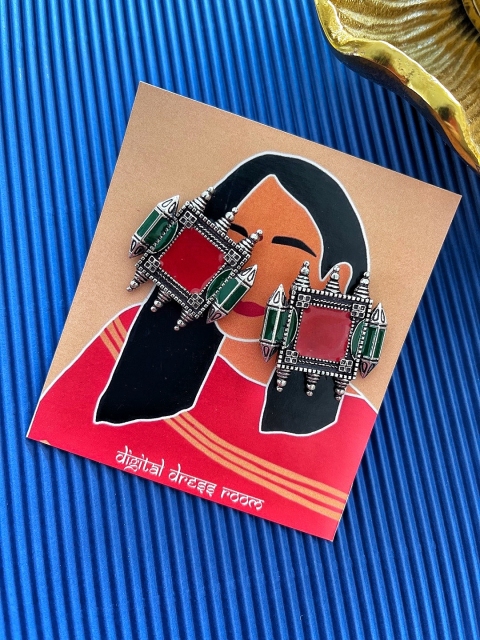 

Digital Dress Room Red & German Silver Geometric Studs Earrings