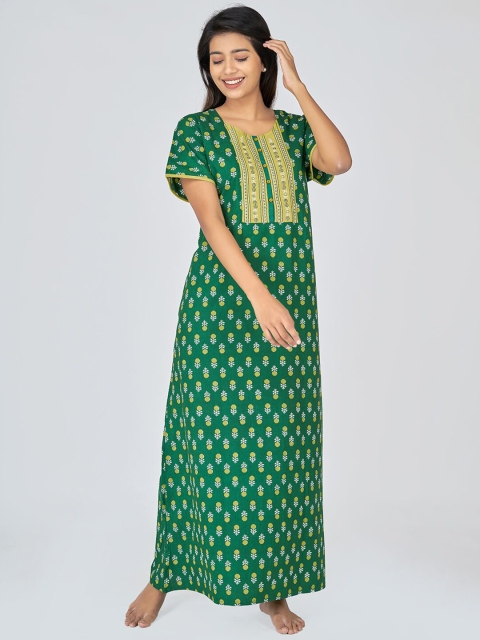 

Maybell Women Green Printed Short Sleeves Maxi Nightdress