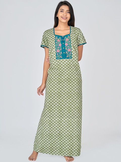 

Maybell Green Leaf printed & Floral embroidered Maxi Nightdress
