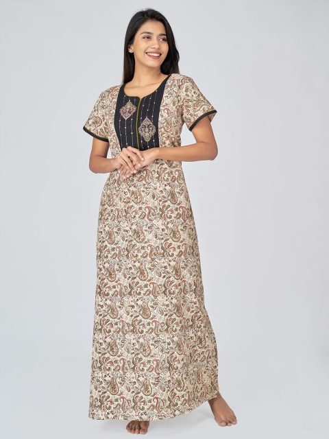 

Maybell Beige & Green Embroidered Maxi Nightdress