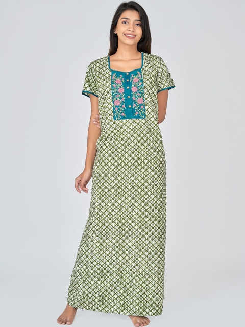 

Maybell Women Green Leaf Printed & Floral Embroidered Cotton Maxi Nightdress