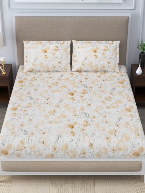 

LINENWALAS Happy Sleeping Brown & White Printed 300 TC Bedsheet With 2 Pillow Covers