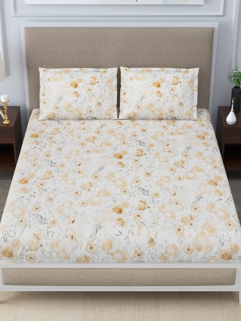 

LINENWALAS Happy Sleeping Brown & White Floral 300 TC King Bedsheet with 2 Pillow Covers