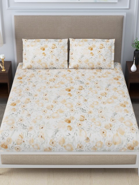 

LINENWALAS Happy Sleeping Brown & White Floral 300 TC King Bedsheet with 2 Pillow Covers