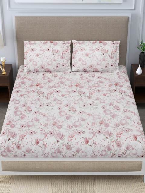 

LINENWALAS Happy Sleeping Pink & White Floral 300 TC Queen Bedsheet with 2 Pillow Covers