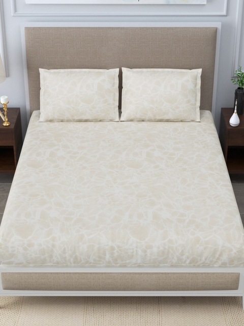 

LINENWALAS Happy Sleeping Beige & White 300 TC Queen Bed Sheet with 2 Pillow Covers