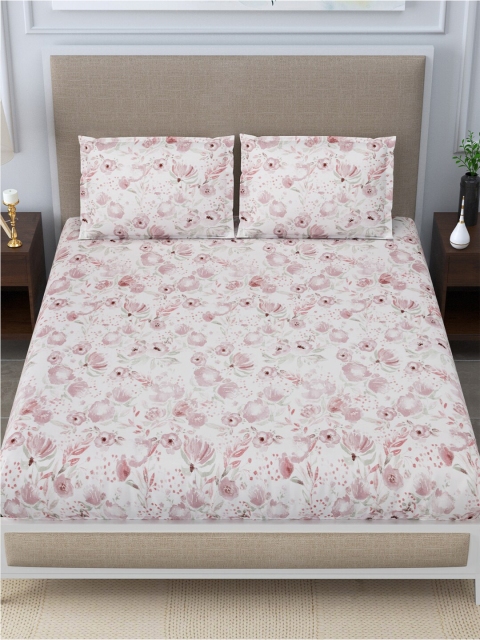 

LINENWALAS Happy Sleeping Pink & White Floral 300 TC King Bedsheet with 2 Pillow Covers