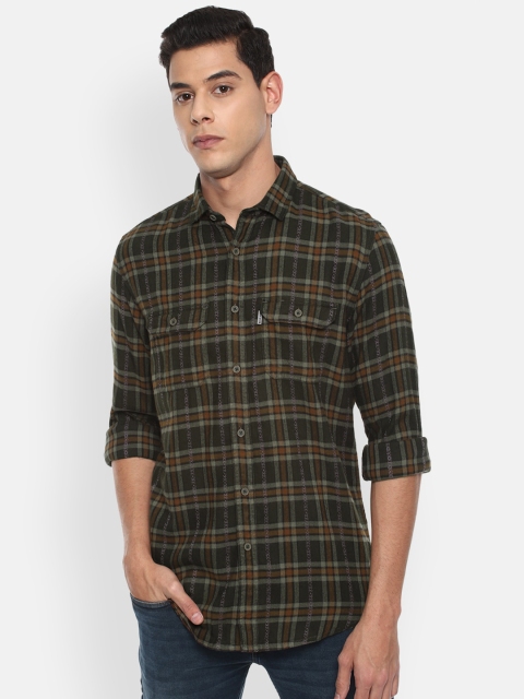 

Louis Philippe Jeans Men Olive Green Slim Fit Tartan Checks Checked Casual Shirt