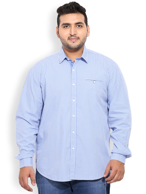 

John Pride Plus Size Men Blue White Standard Fit Checked Casual Shirt