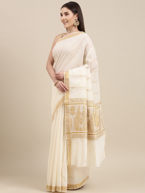 

Pavechas Off White Pure Cotton Kasavu Saree