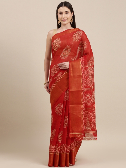 

Pavechas Red Ethnic Motifs Jute Cotton Block Print Saree