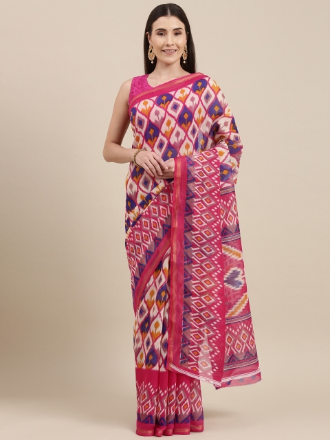 

Pavechas Pink & Purple Ethnic Motifs Jute Cotton Ikat Saree