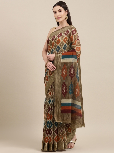 

Pavechas Brown & Rust Orange Kalamkari Jute Cotton Pochampally Saree