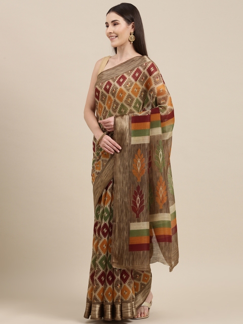 

Pavechas Brown & Mustard Yellow Kalamkari Jute Cotton Pochampally Saree