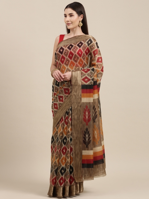 

Pavechas Brown & Red Kalamkari Jute Cotton Pochampally Saree