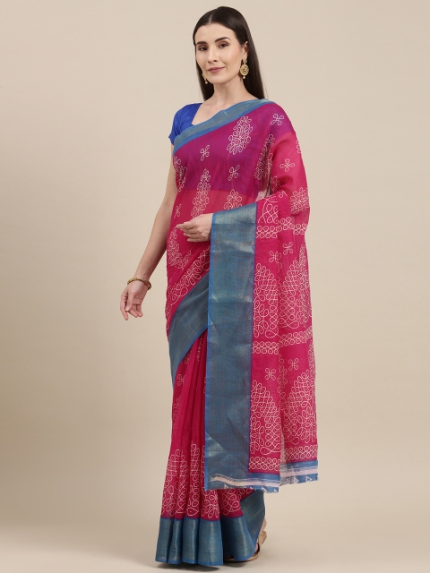 

Pavechas Pink Ethnic Motifs Jute Cotton Block Print Saree