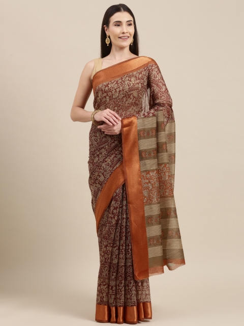 

Pavechas Maroon & Beige Kalamkari Jute Cotton Ikat Saree