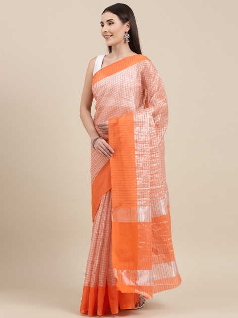 

Pavechas Orange & Grey Checked Organza Sungudi Saree