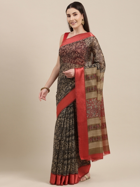 Pavechas Black & Beige Kalamkari Jute Cotton Ikat Saree