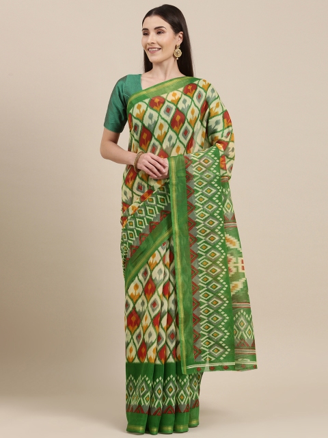 

Pavechas Green & Maroon Ethnic Motifs Jute Cotton Ikat Saree