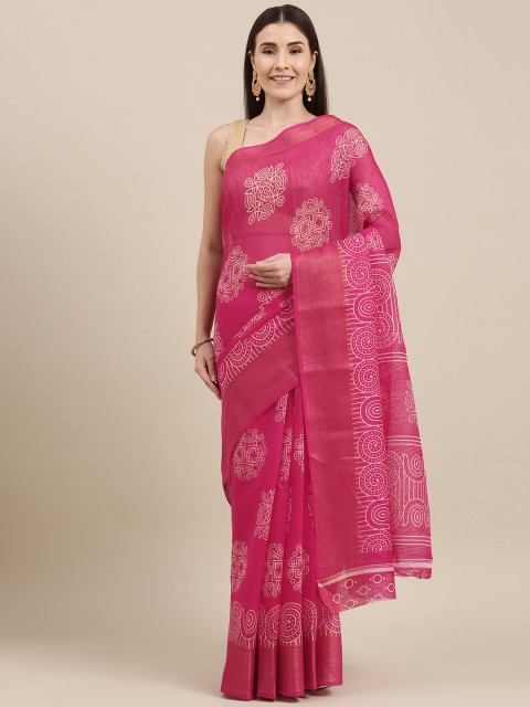 

Pavechas Pink Ethnic Motifs Jute Cotton Block Print Saree