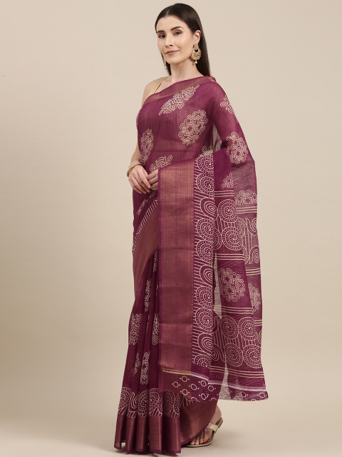 

Pavechas Maroon Ethnic Motifs Jute Cotton Block Print Saree