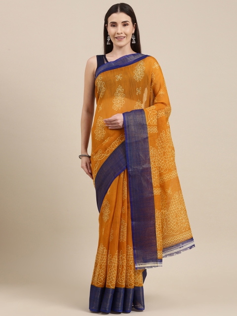 

Pavechas Mustard Yellow Ethnic Motifs Jute Cotton Block Print Saree
