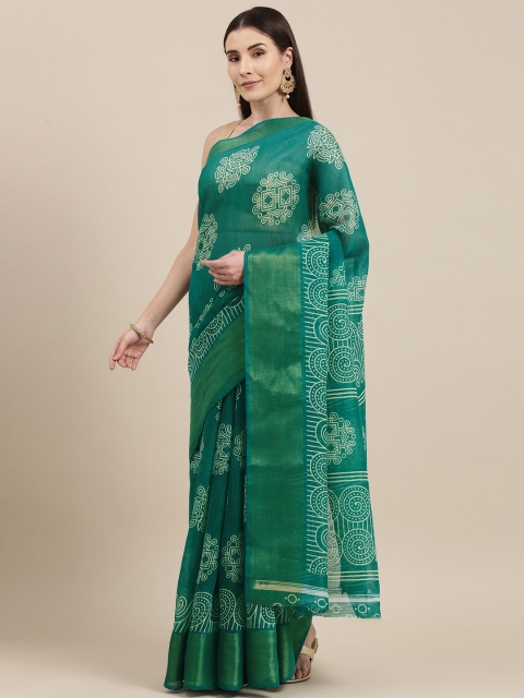 

Pavechas Green Ethnic Motifs Jute Cotton Block Print Saree