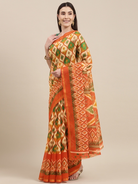 

Pavechas Orange & Green Ethnic Motifs Jute Cotton Ikat Saree