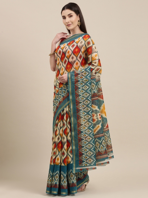 

Pavechas Blue & Maroon Ethnic Motifs Jute Cotton Ikat Saree