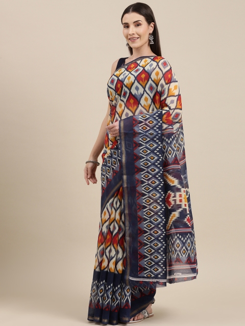 

Pavechas Navy Blue & Mustard Yellow Ethnic Motifs Jute Cotton Ikat Saree