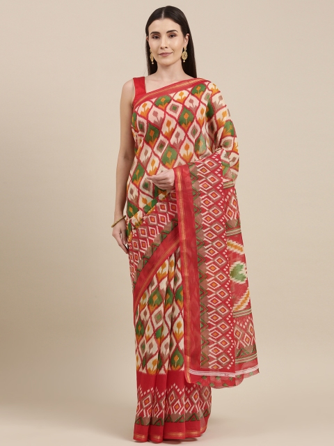 

Pavechas Red & Green Ethnic Motifs Jute Cotton Ikat Saree