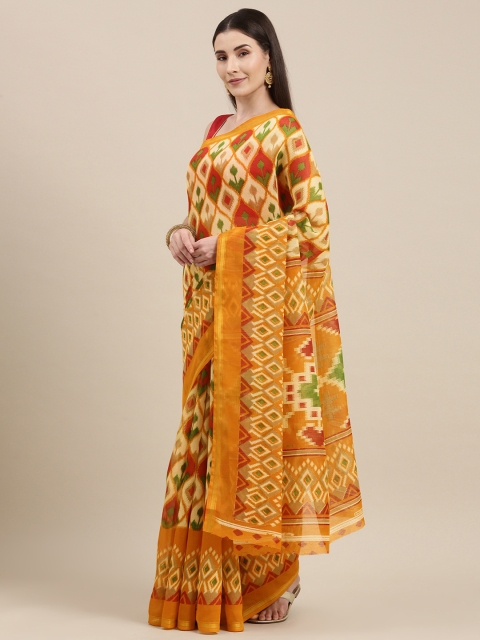 

Pavechas Mustard Yellow & Maroon Ethnic Motifs Jute Cotton Ikat Saree