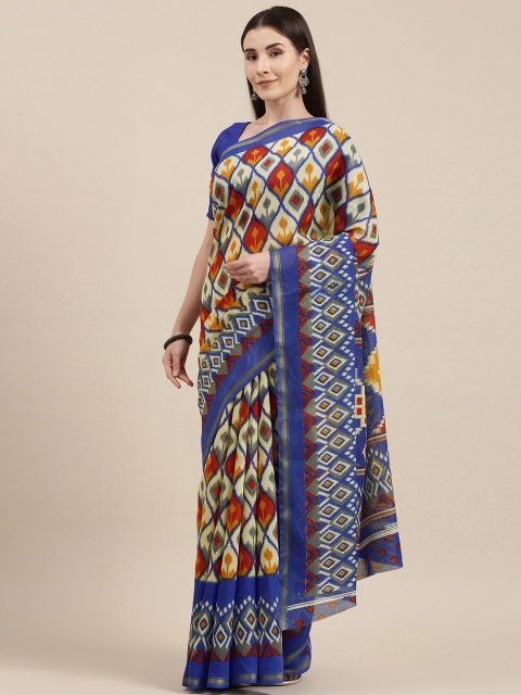 

Pavechas Blue & Maroon Ethnic Motifs Jute Cotton Ikat Saree