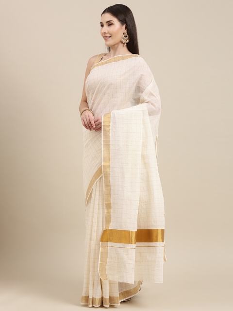 

Pavechas Off White Checked Pure Cotton Kasavu Saree