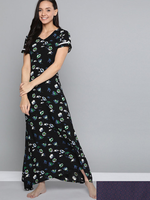 

HERE&NOW Black & Blue Floral Print Nightdress