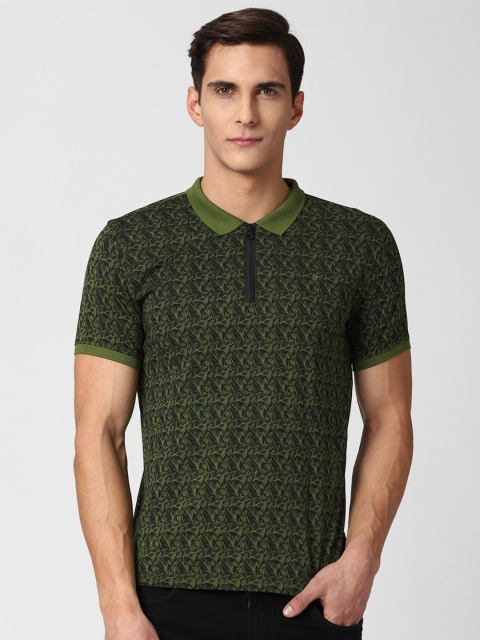 

V Dot Men Olive Green Printed Polo Collar Pockets Slim Fit T-shirt