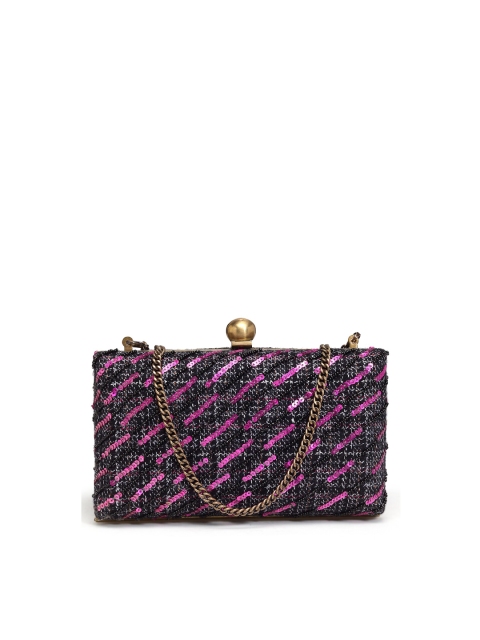 

PRACCESSORII Black & Magenta Embroidered Box Clutch