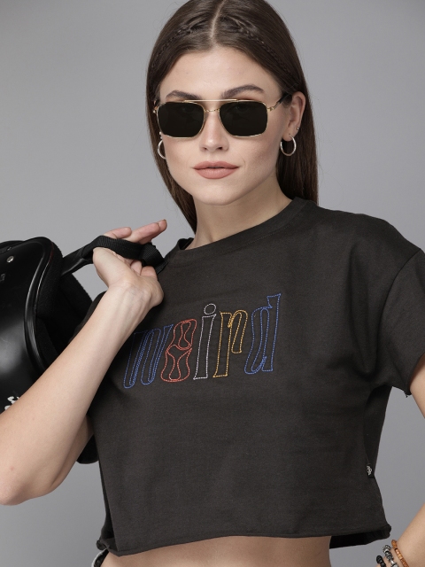 

Roadster Women Navy Blue Embroidered Crop T-shirt with Curled Hem