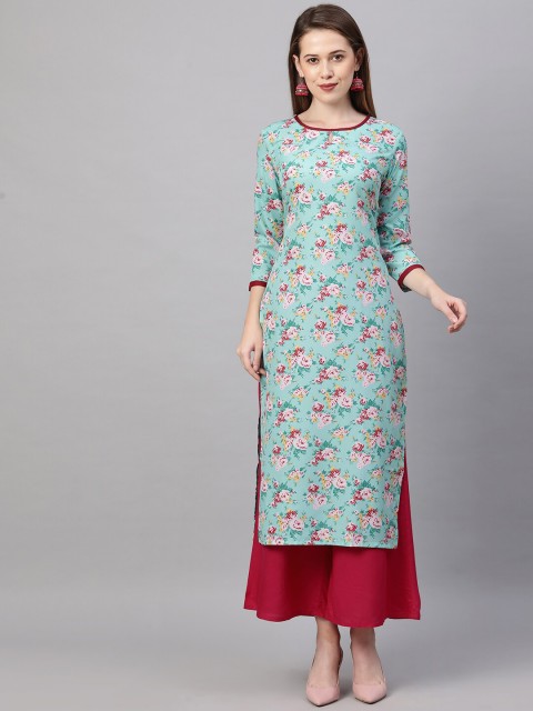 

KALINI Turquoise Blue & Pink Floral Printed Kurti